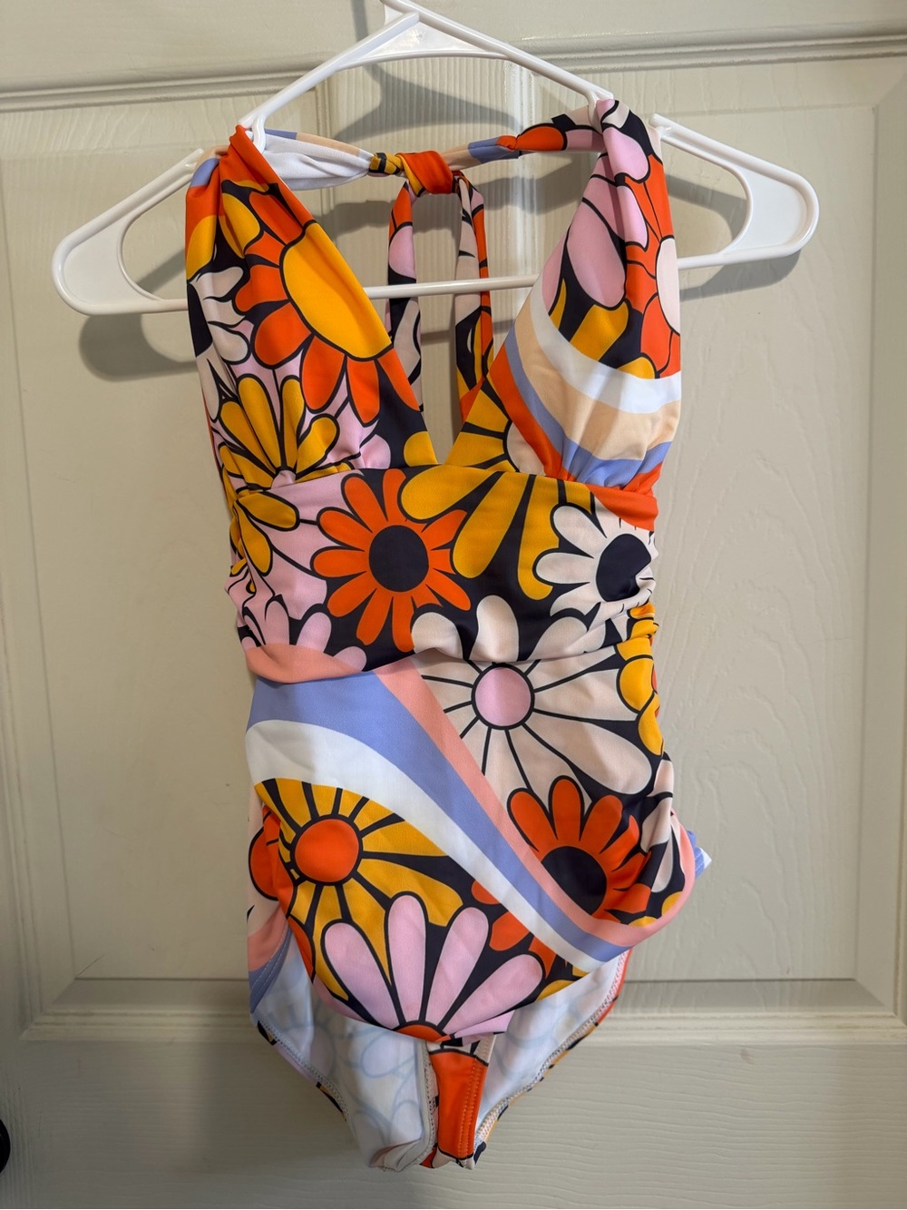 Women V Neck One Piece Swimsuit Halter Ruched Tummy Control Bathing Suit